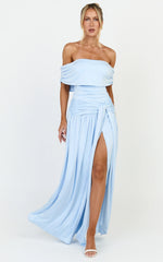 Bree Maxi Dress - Off Shoulder Draped Sash Dress in Blue
