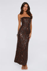 The A List Sequin Strapless Mesh Maxi Dress Brown