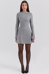 Grey A-line Long Sleeve Mini  Dress