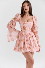 English Vintage Rose Print Puff Sleeve Mini Dress