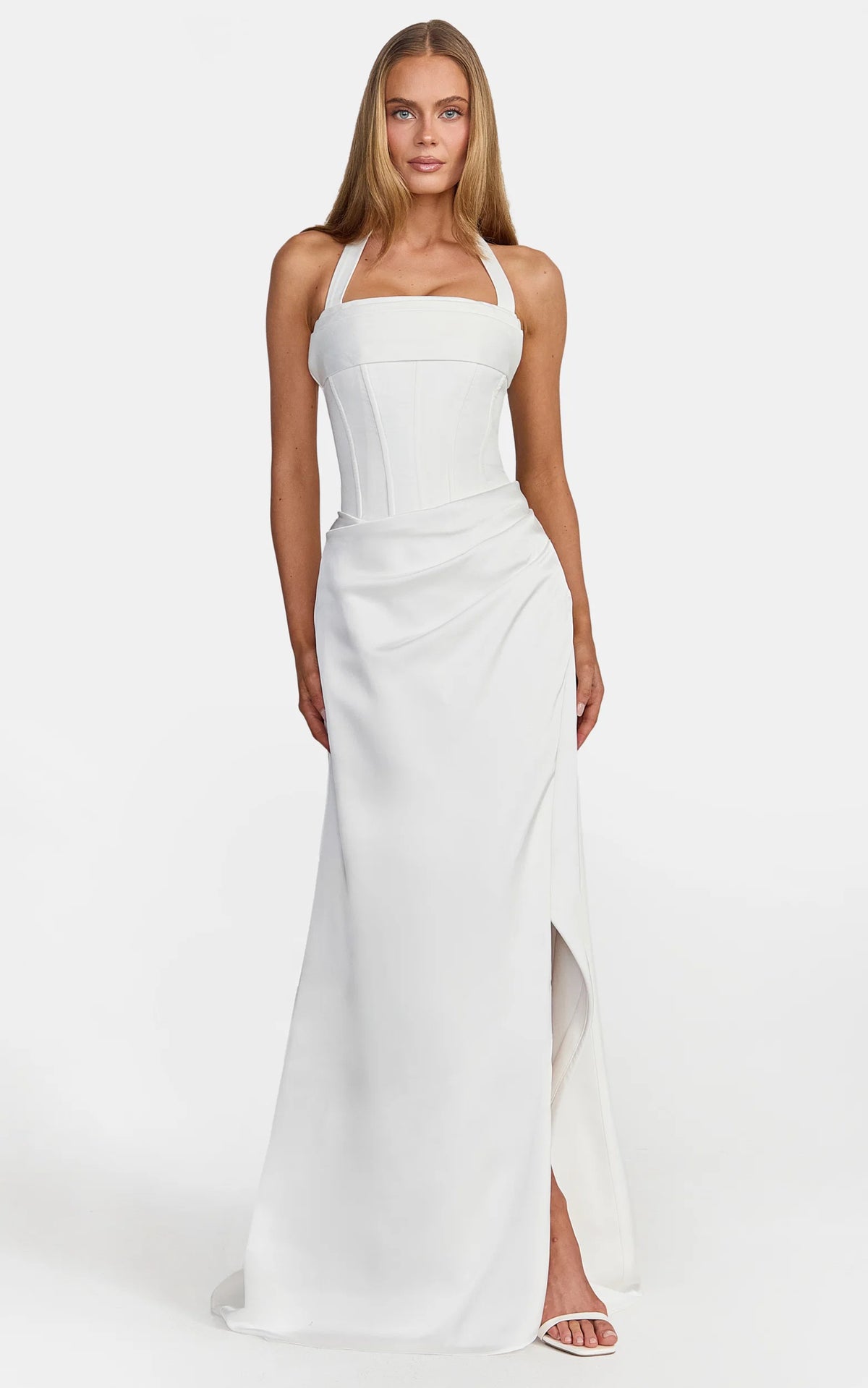 Amber Maxi Dress - Corset Bodice Draped Skirt Halter Dress in White