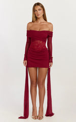 Vesper Mini Dress - Contrast Lace Bodice Long Sleeve Dress in Wine