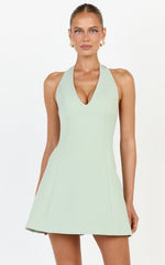 Saphine Mini Dress - Deep V Halter Neck A Line Mini Dress in Pistachio