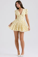 Buttercup Vintage Floral Print Pleated Cotton Mini Dress