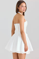 White Stretch Cotton Halter Neck Mini Dress