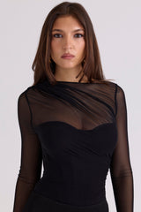 Black Draped Mesh Bodysuit