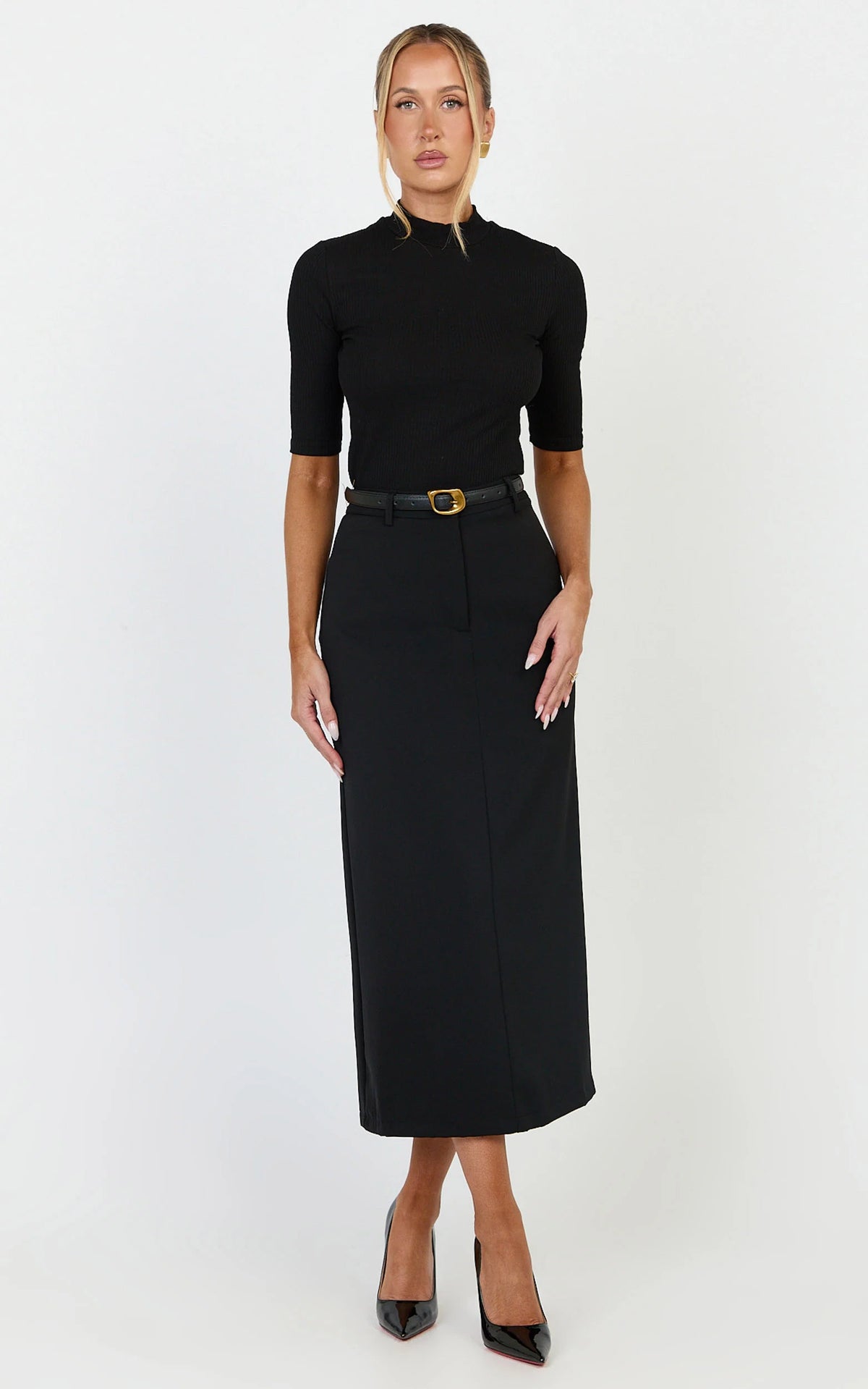 Alanna Midi Skirt - High Waisted Back Split Pencil Skirt in Black