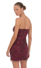 Embellished Strapless Mini Dress in Burgundy