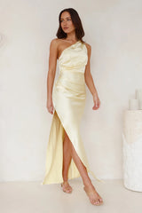 Luxe Charm One Shoulder Satin Maxi Dress Yellow
