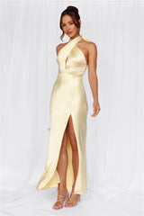 The Adeline Halter Satin Maxi Dress Yellow
