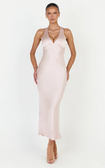 Khalani Midi Dress - Deep V Neck Satin Slip Dress in Light Pink
