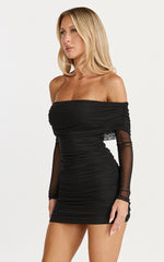 Clyde Mini Dress - Mesh Off Shoulder Ruched Bodycon Dress in Black
