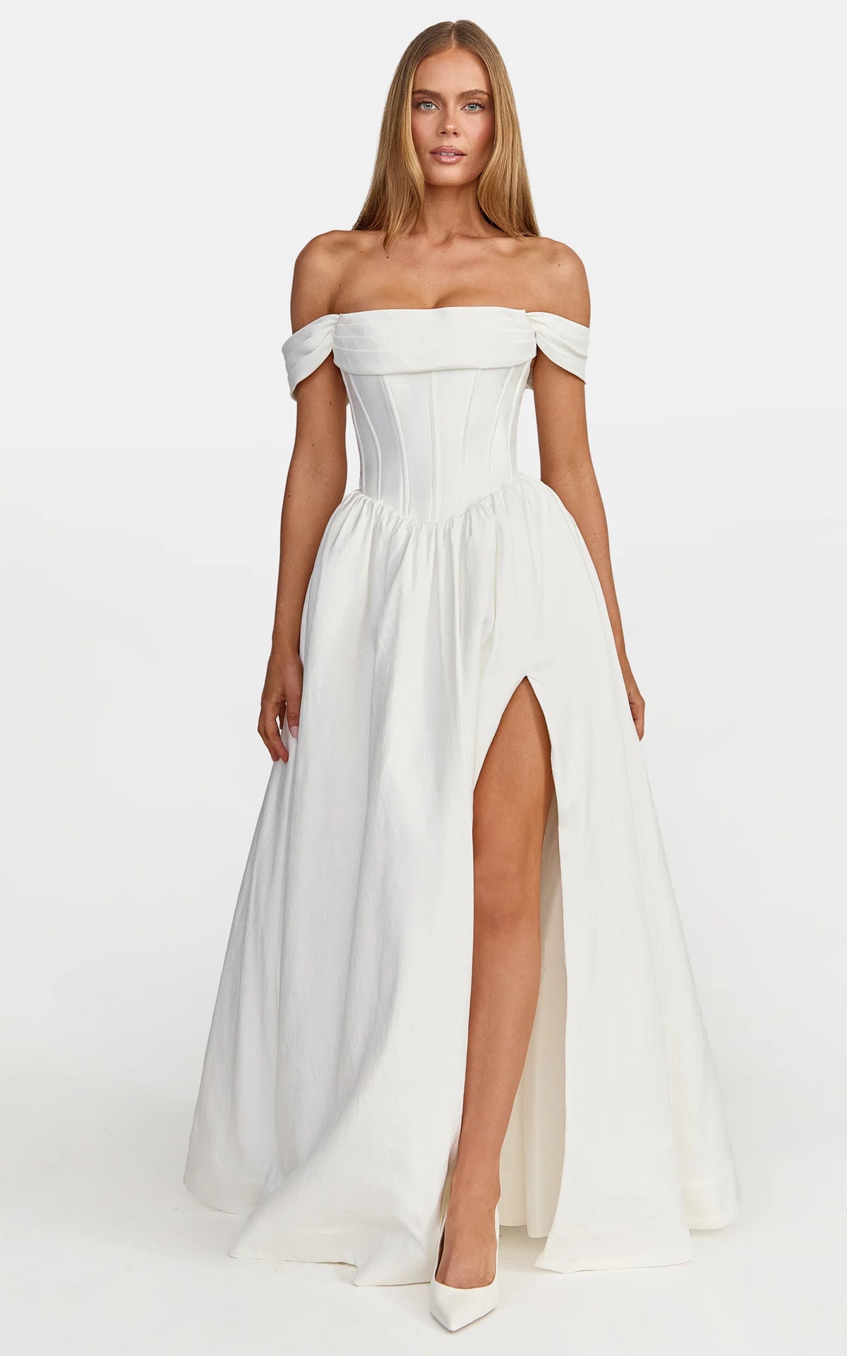 Eden Maxi Dress - Off Shoulder Draped Bust Corset Dress in White