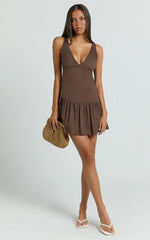 Virginia Mini Dress - Dropped Waist Gathered Mini Dress in Chocolate