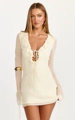 Alesya Mini Dress - Ruffle Plunge Neck Long Sleeve Tie Detail Dress in Cream