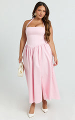 Helda Midi Dress - Halter Tie Neck Corset Panel Dress in Pink