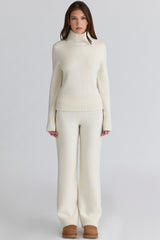 Ivory Merino Wool Ribbed Knit Trousers