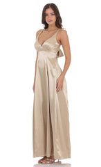 Satin V-Neck Fit and Flare Maxi Dress in Gold