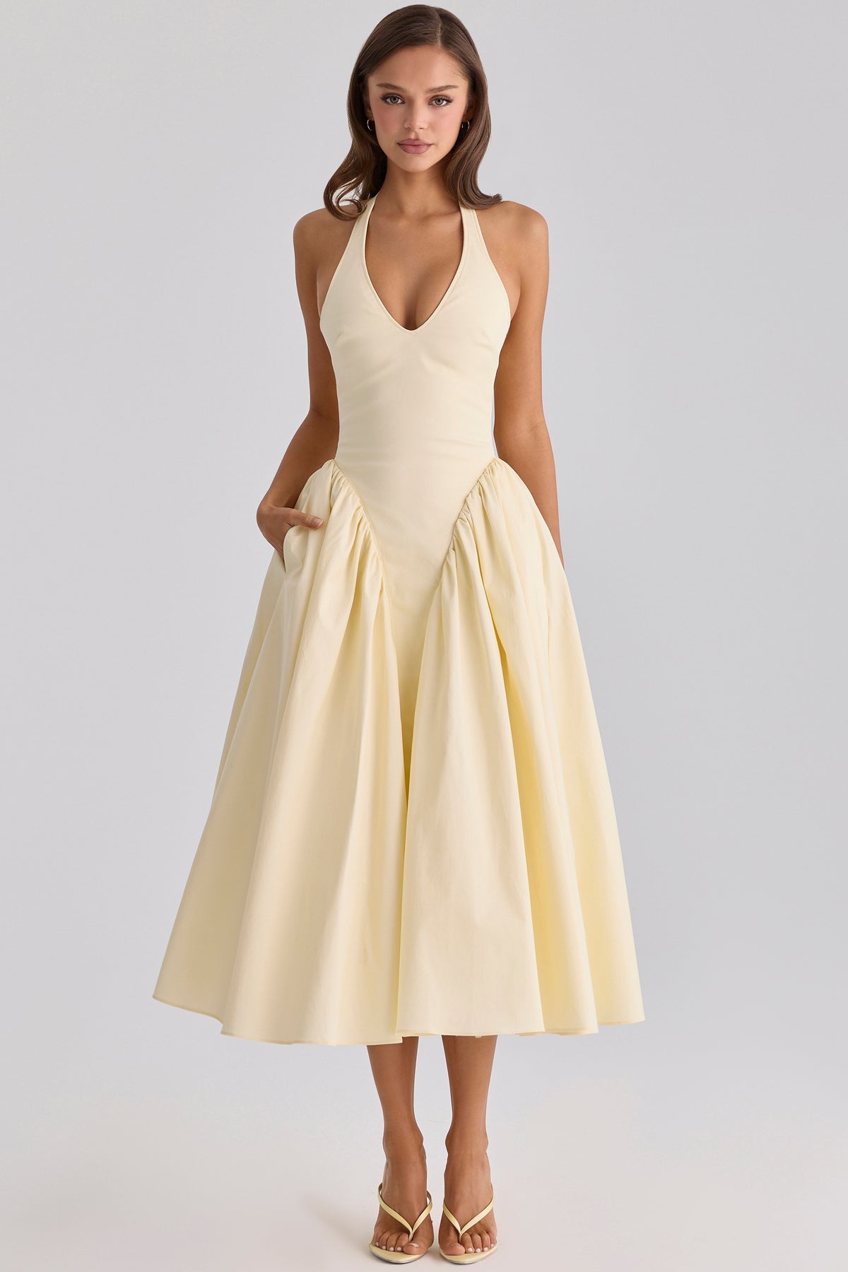 Lemon Cotton Halter Neck Midi Sundress