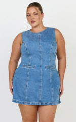 Olenna Mini Dress - High Neck Fitted Denim Dress in Mid Blue Wash