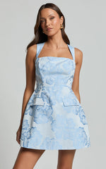 Kyra Mini Dress - Square Neck Open Back Jacquard Mini Dress in Light Blue