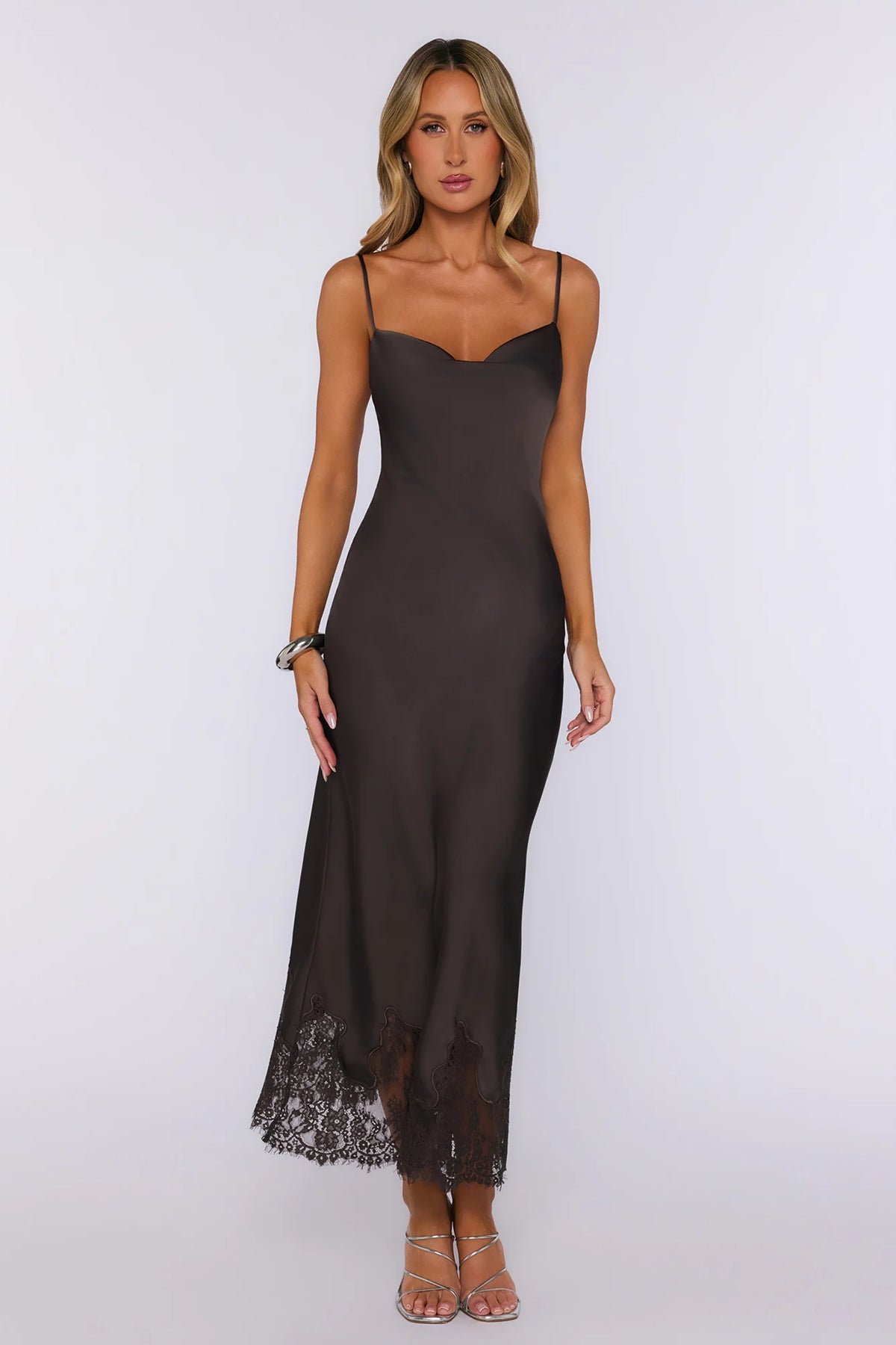 Pretty In Charge Satin Maxi Dress Brown