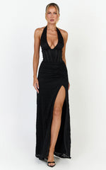 Lacey Maxi Dress - Lace Corset Style Bodice Halter Dress in Black