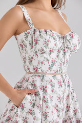 Cream Rose Print Stretch Cotton Mini Dress