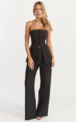 Amelia Two Piece Top and Pant Set - Strapless Button Down Top And Tailored Wide Leg Pants Set in Black