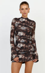 Mila Mini Dress - High Neck Bell Cuff Long Sleeve Fitted Dress in Brown