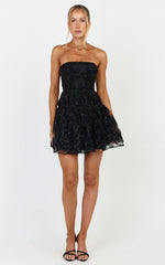 Marzy Mini Dress - Strapless Floral Detail Lace Fit and Flare Dress in Black