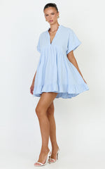 Calissa Mini Dress - Frill Hem Smock Dress in Light Blue