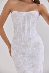 White Hand Beaded Embellished Strapless Maxi Dress
