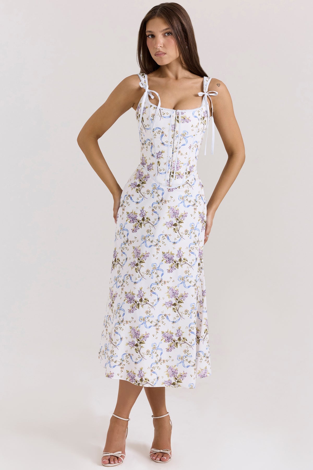 Off White Floral Print Cotton Midi Dress