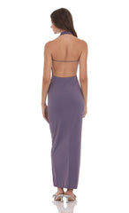Plunge Cowl Neck Halter Maxi Dress in Dusty Purple