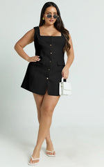 Kenna Mini Dress - Square Neck Button Down Mini Dress in Black