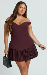 Izara Mini Dress - Off Shoulder Pleated Dress in Wine