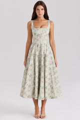 Sage Floral Print Cotton Midi Dress