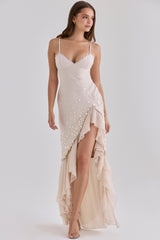 Almond Georgette Hand Beaded Shell Embellished Maxi Dress - Limited Edition