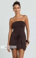 Chloe Mini Dress - Strapless Asymmetric Front Wrap Knit Dress in Chocolate