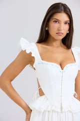 White Embroidered Cotton Peplum Corset Top