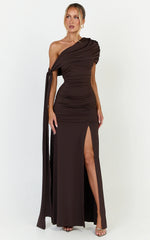 Bree Maxi Dress - Cape Tie Off Shoulder Fit And Flare Dress in Chocolate