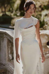 Ivory Draped Pure Silk Asymmetric Shawl