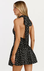 Ruby Mini Dress - Halter Neck Tie Drop V Waist  Gathered Dress in Black Polka Dot Print