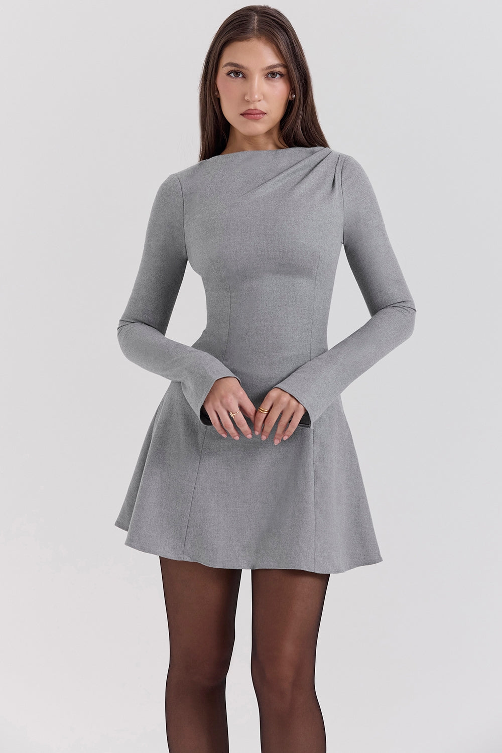 Grey A-line Long Sleeve Mini  Dress