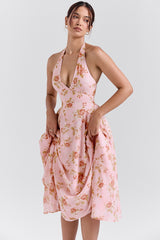 English Vintage Rose Print Georgette Halter Sundress