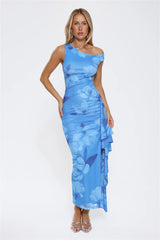 Ocean Bloom One Shoulder Mesh Maxi Dress Blue