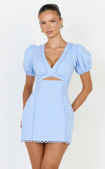 Carolyn Mini Dress - V Neck Puff Sleeve Dress in Light Blue