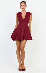 Nelson Mini Dress - Low Cut Boucle Fit & Flare Mini Dress in Wine