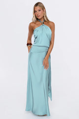 Dressed Like Poetry Halter Satin Maxi Dress Aqua